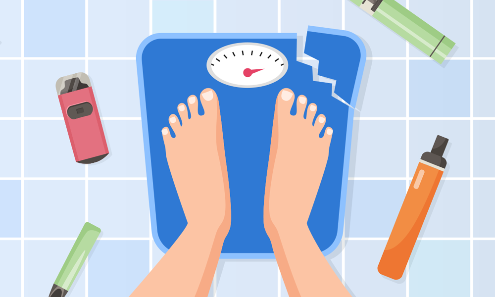 A pair of feet on weight scales surrounded by vapes 