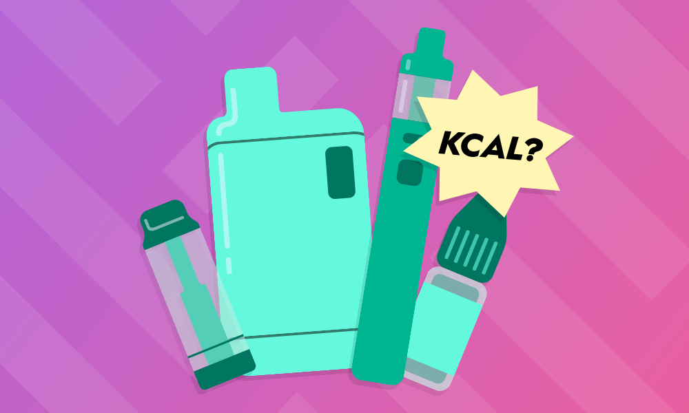Assortment of vape devices with a starburst label reading 'KCAL?'