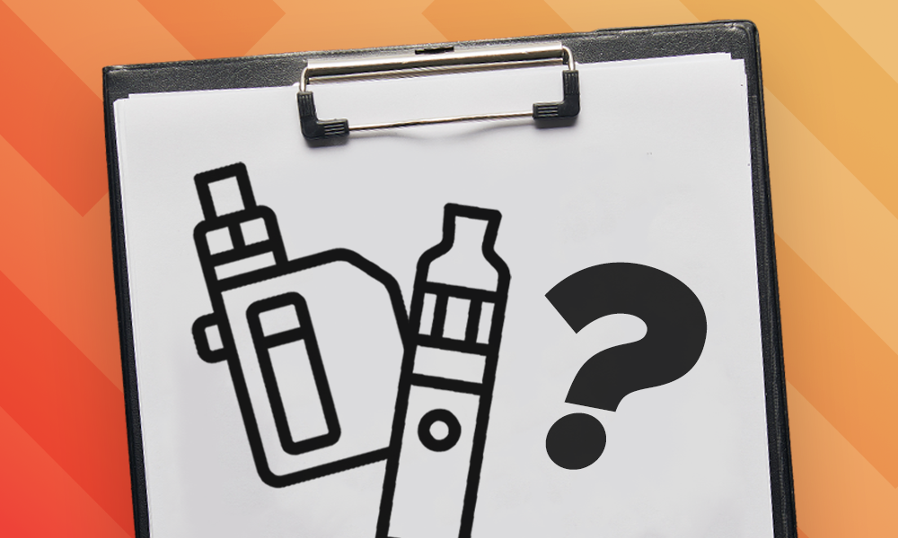 Clipboard displaying vape kits and a question mark